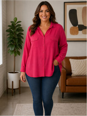 Women's db Button Down Shirt Plus 3X Pink Long Sleeve Top